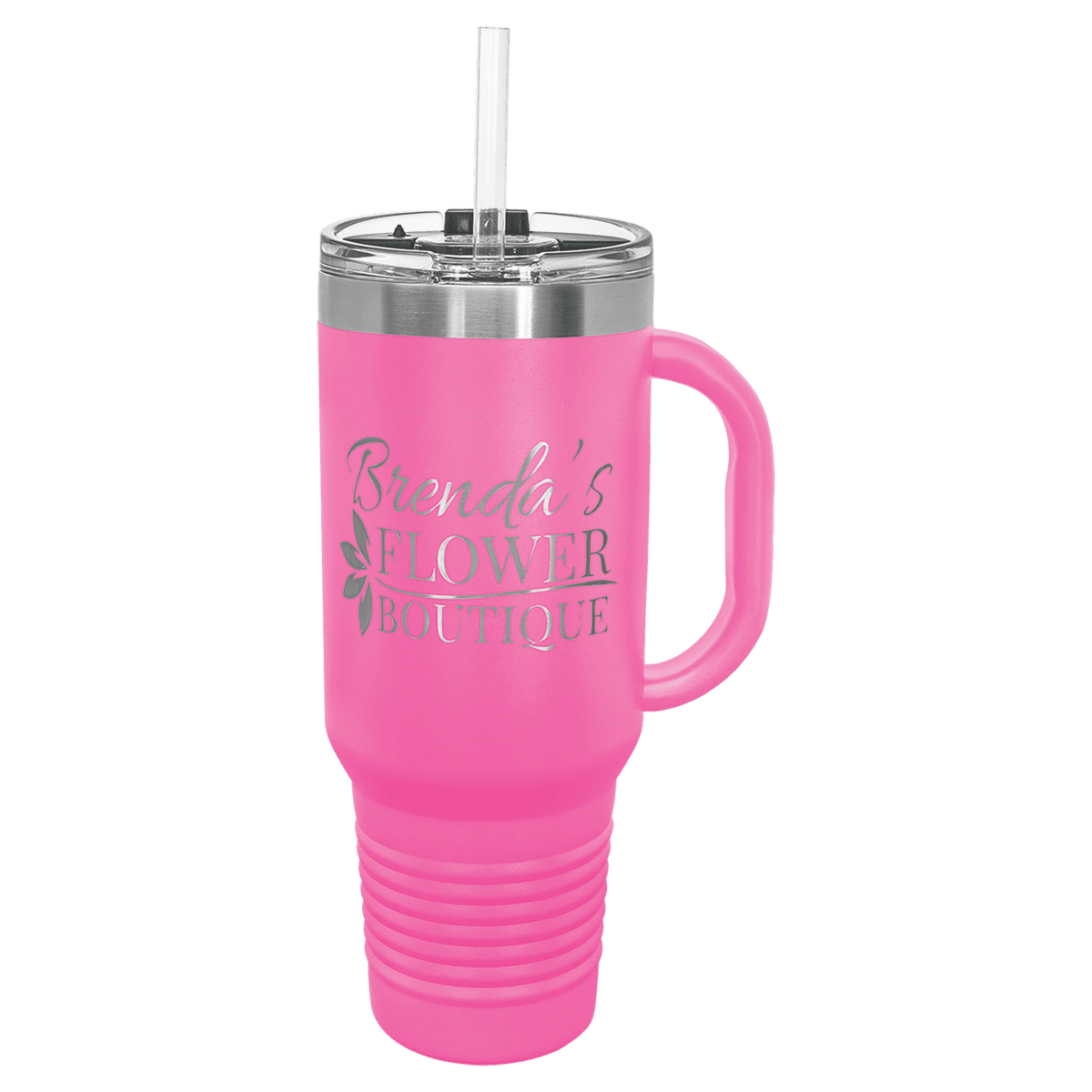 Pink 40 oz laser engraved custom logo travel mug with handle, snap lid and straw