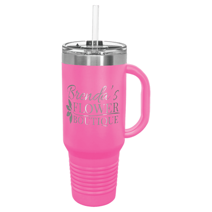 Pink 40 oz laser engraved custom logo travel mug with handle, snap lid and straw