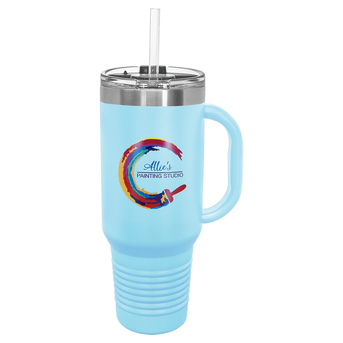 Light Blue 40 oz laser engraved custom logo travel mug with handle, snap lid and straw