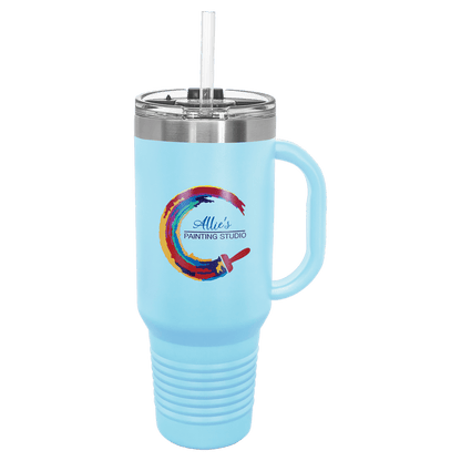 Light Blue 40 oz laser engraved custom logo travel mug with handle, snap lid and straw