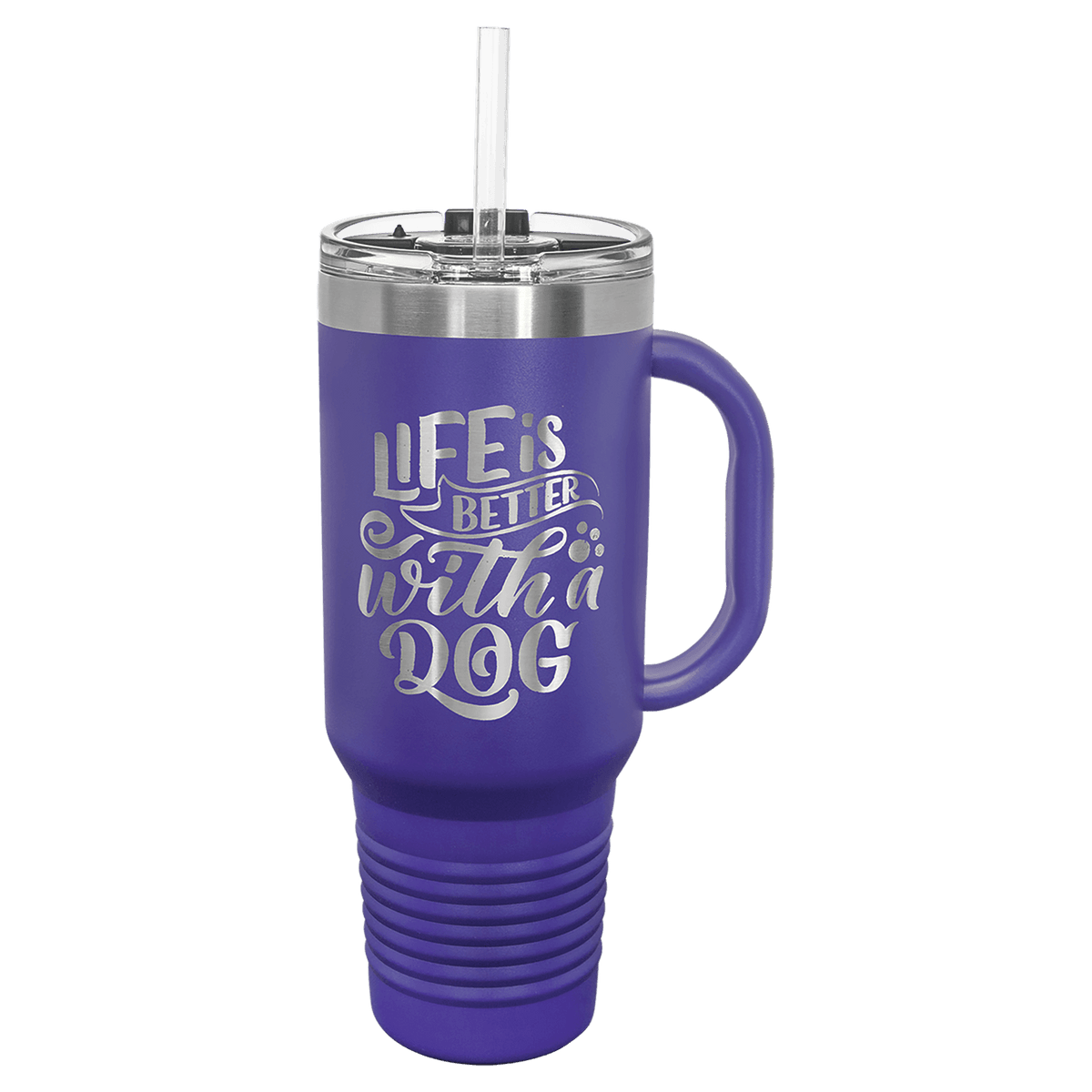 Purple 40 oz laser engraved custom logo travel mug with handle, snap lid and straw