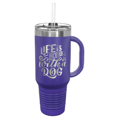 Purple 40 oz laser engraved custom logo travel mug with handle, snap lid and straw