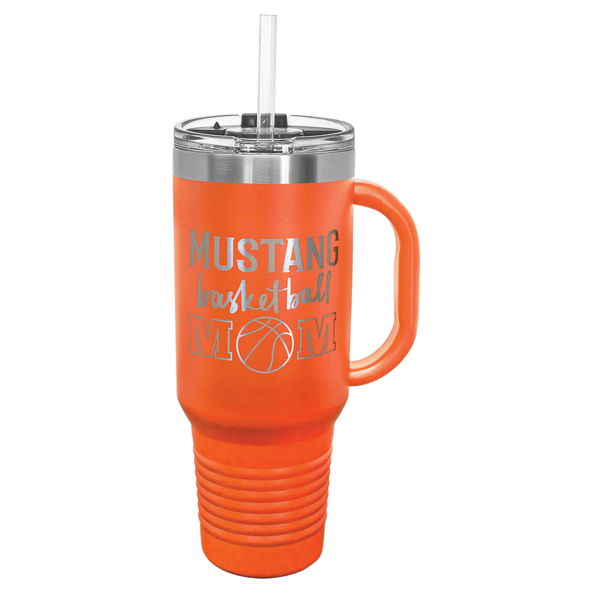 Orange 40 oz laser engraved custom logo travel mug with handle, snap lid and straw
