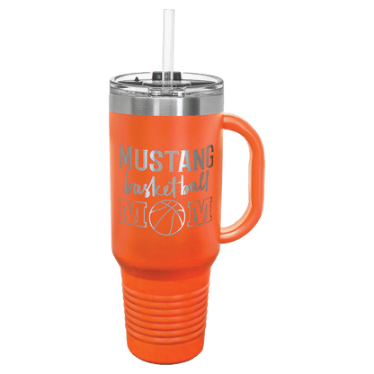 Orange 40 oz laser engraved custom logo travel mug with handle, snap lid and straw