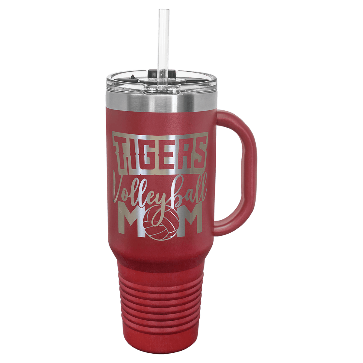 Maroon 40 oz laser engraved custom logo travel mug with handle, snap lid and straw