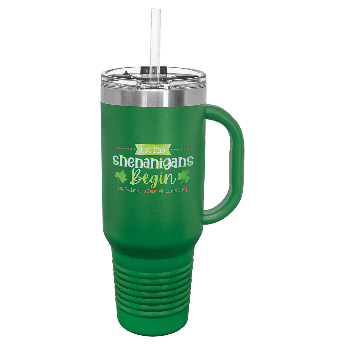 Green 40 oz laser engraved custom logo travel mug with handle, snap lid and straw