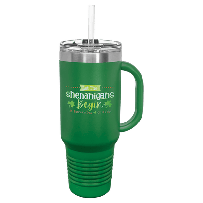 Green 40 oz laser engraved custom logo travel mug with handle, snap lid and straw