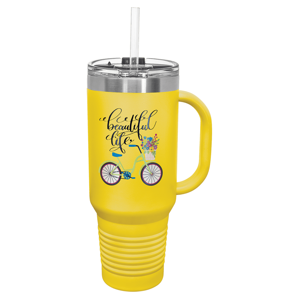Yellow 40 oz laser engraved custom logo travel mug with handle, snap lid and straw