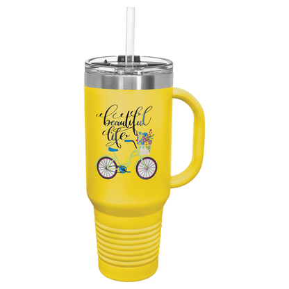 Yellow 40 oz laser engraved custom logo travel mug with handle, snap lid and straw