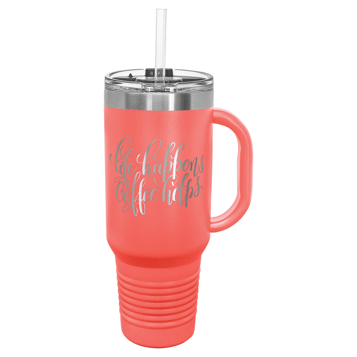 Coral 40 oz laser engraved custom logo travel mug with handle, snap lid and straw