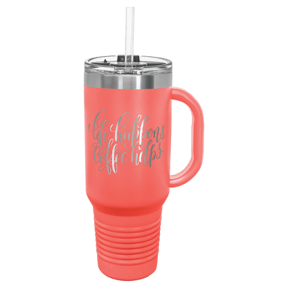 Coral 40 oz laser engraved custom logo travel mug with handle, snap lid and straw