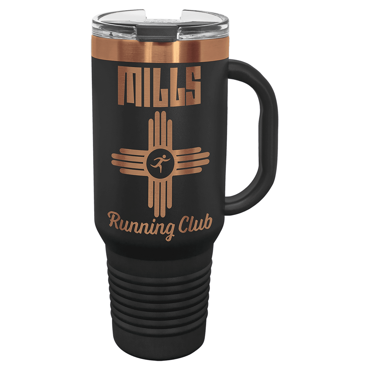 Black and Rose Gold 40 oz Travel Mug with Handle and Straw laser engraved with custom logo