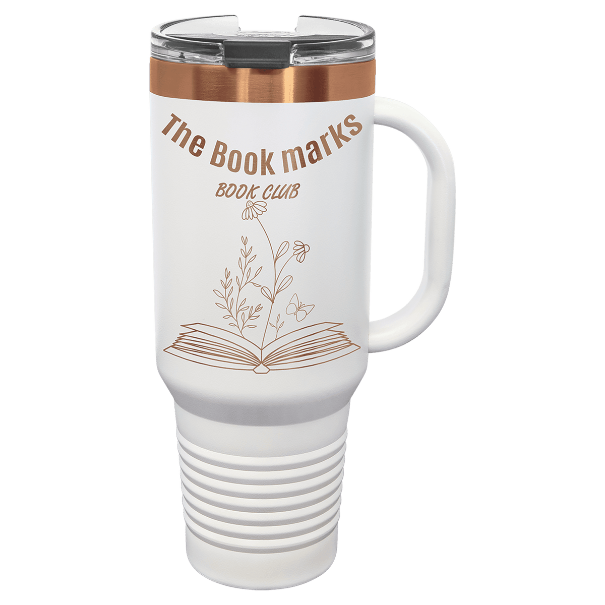 White and Rose Gold 40 oz Travel Mug with Handle and Straw laser engraved with custom logo