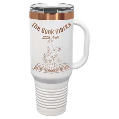 White and Rose Gold 40 oz Travel Mug with Handle and Straw laser engraved with custom logo
