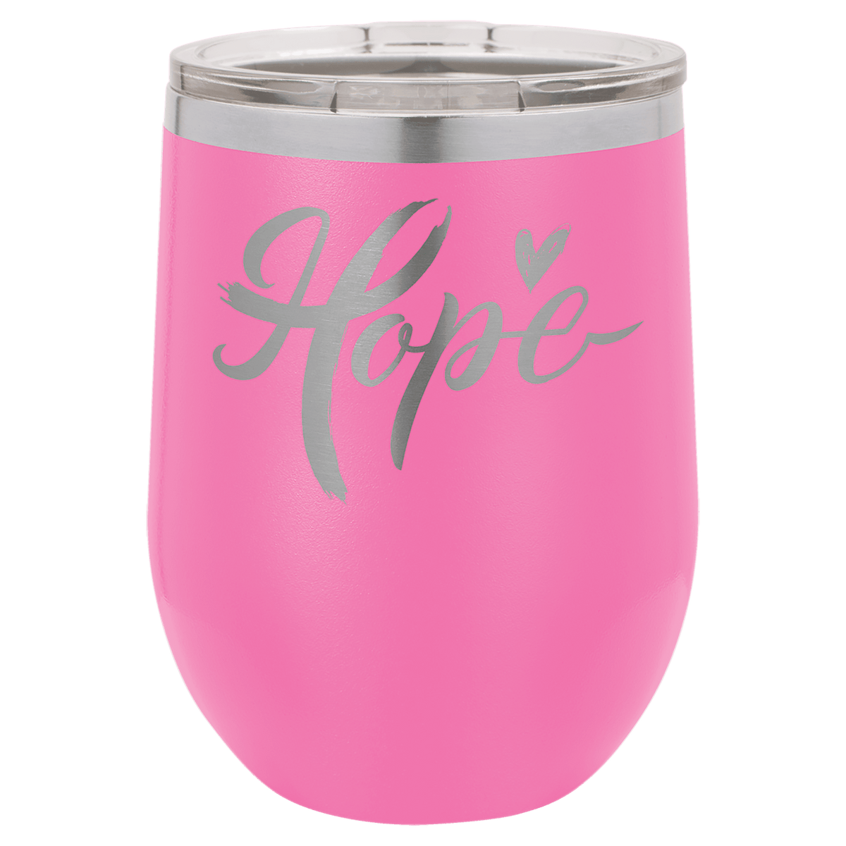 Pink 12 oz laser engraved custom logo stemless wine tumbler with lid