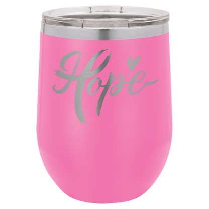 Pink 12 oz laser engraved custom logo stemless wine tumbler with lid