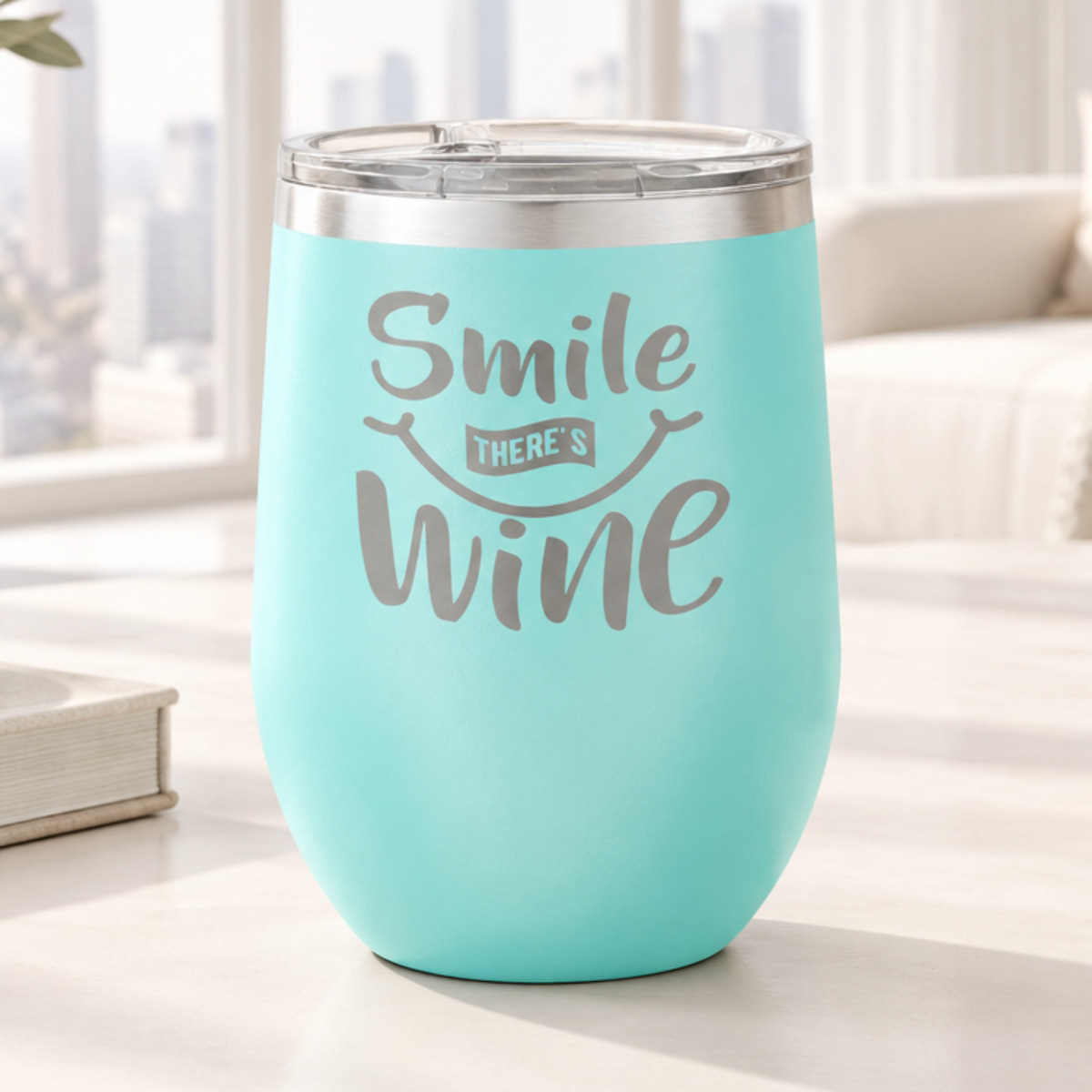 Teal 12 oz laser engraved custom logo stemless wine tumbler with lid