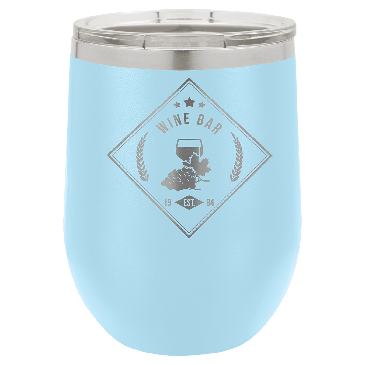 Light Blue 12 oz laser engraved custom logo stemless wine tumbler with lid