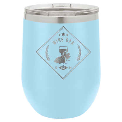 Light Blue 12 oz laser engraved custom logo stemless wine tumbler with lid