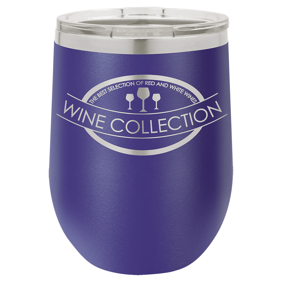 Purple 12 oz laser engraved custom logo stemless wine tumbler with lid