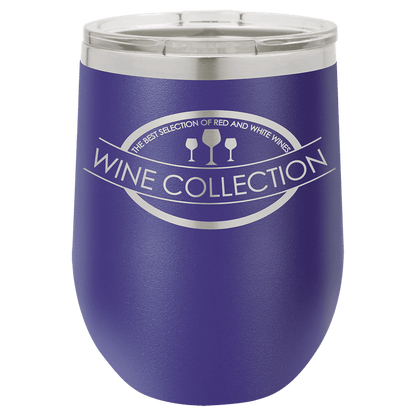 Purple 12 oz laser engraved custom logo stemless wine tumbler with lid