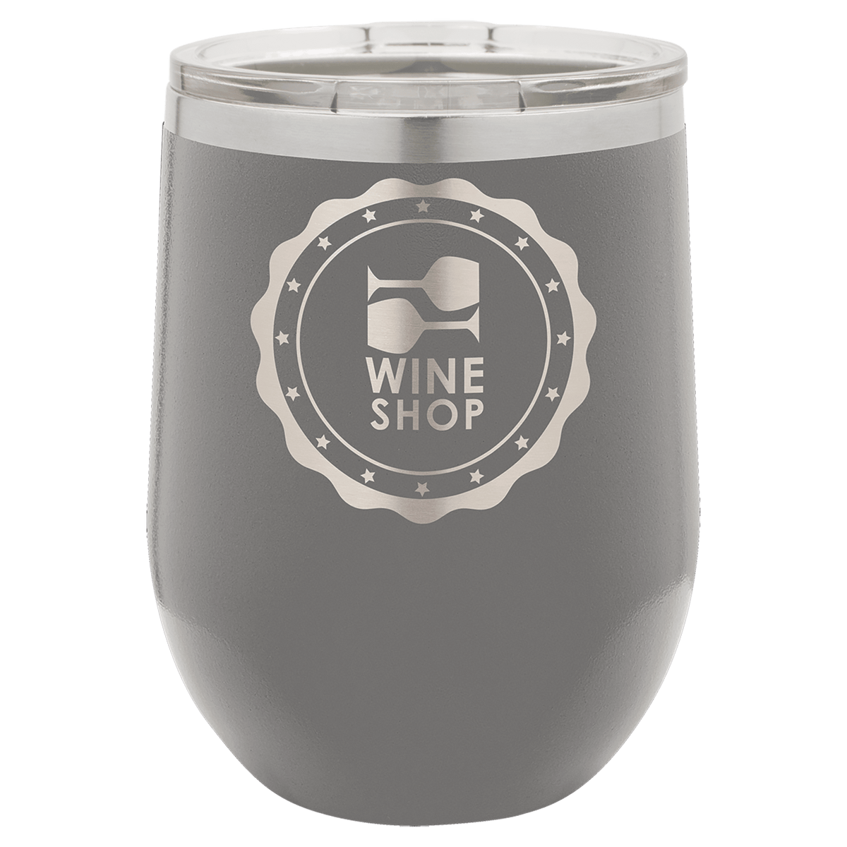 Dark Gray 12 oz laser engraved custom logo stemless wine tumbler with lid