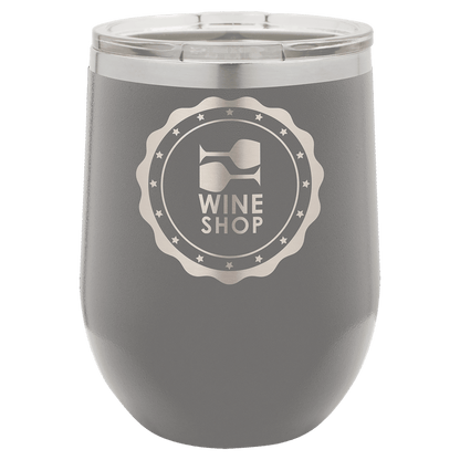 Dark Gray 12 oz laser engraved custom logo stemless wine tumbler with lid