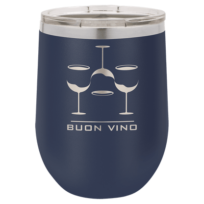 Navy Blue 12 oz laser engraved custom logo stemless wine tumbler with lid