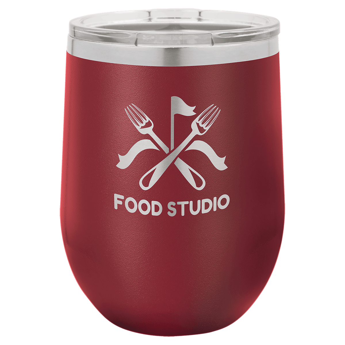 Maroon 12 oz laser engraved custom logo stemless wine tumbler with lid
