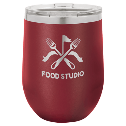 Maroon 12 oz laser engraved custom logo stemless wine tumbler with lid