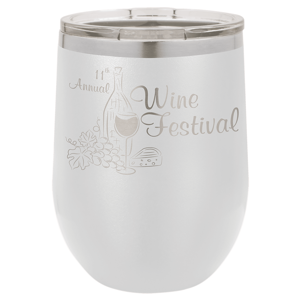 White 12 oz laser engraved custom logo stemless wine tumbler with lid