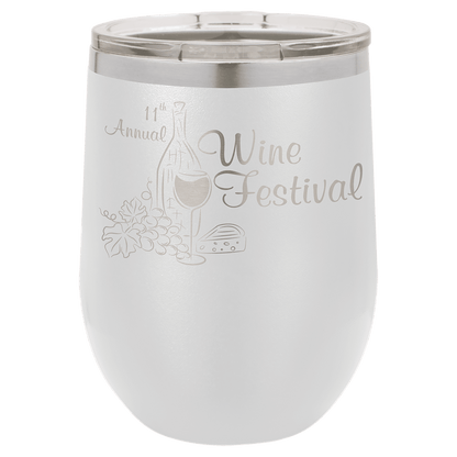 White 12 oz laser engraved custom logo stemless wine tumbler with lid