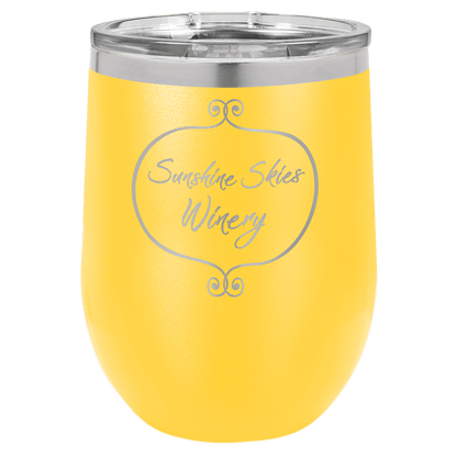 Yellow 12 oz laser engraved custom logo stemless wine tumbler with lid