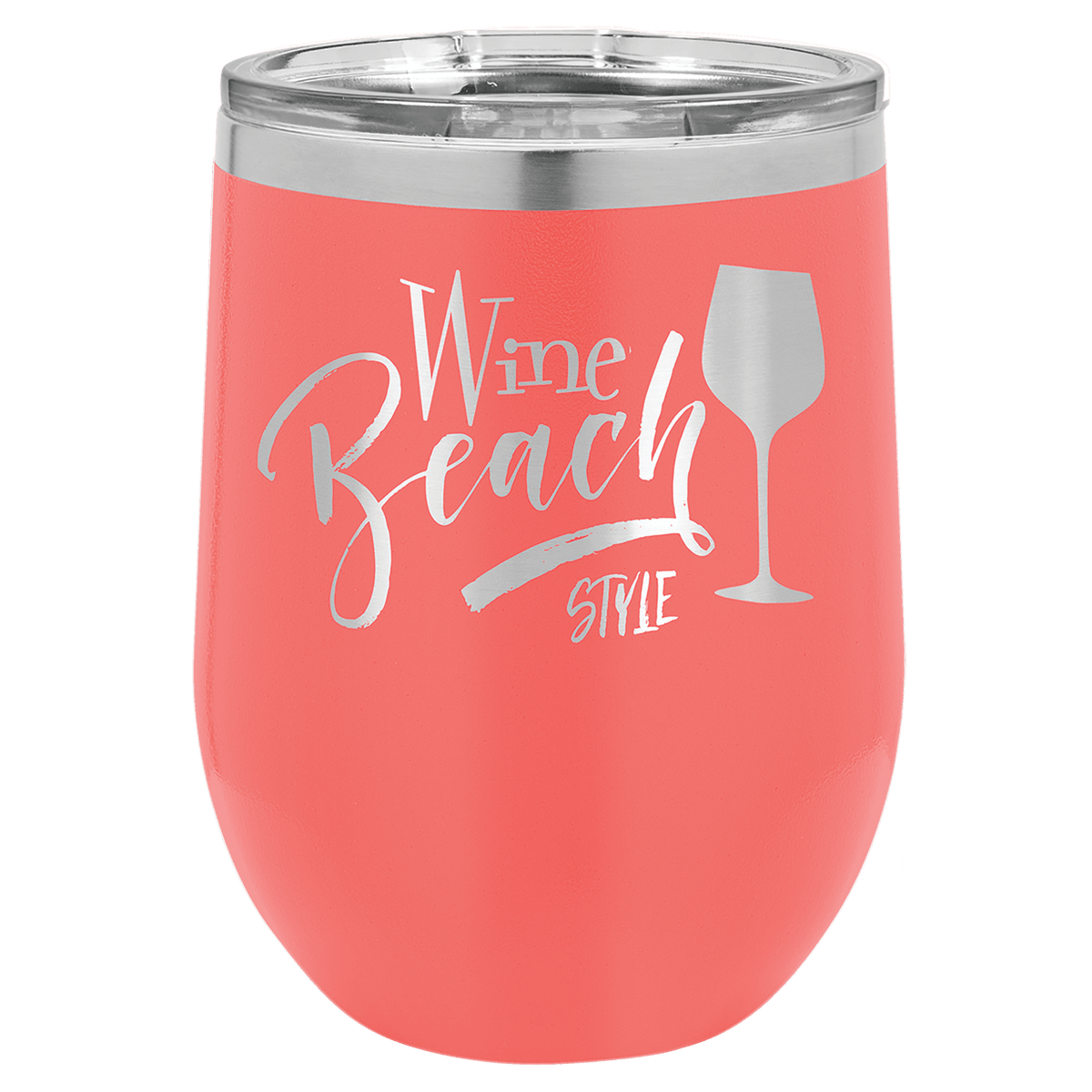 Coral 12 oz laser engraved custom logo stemless wine tumbler with lid