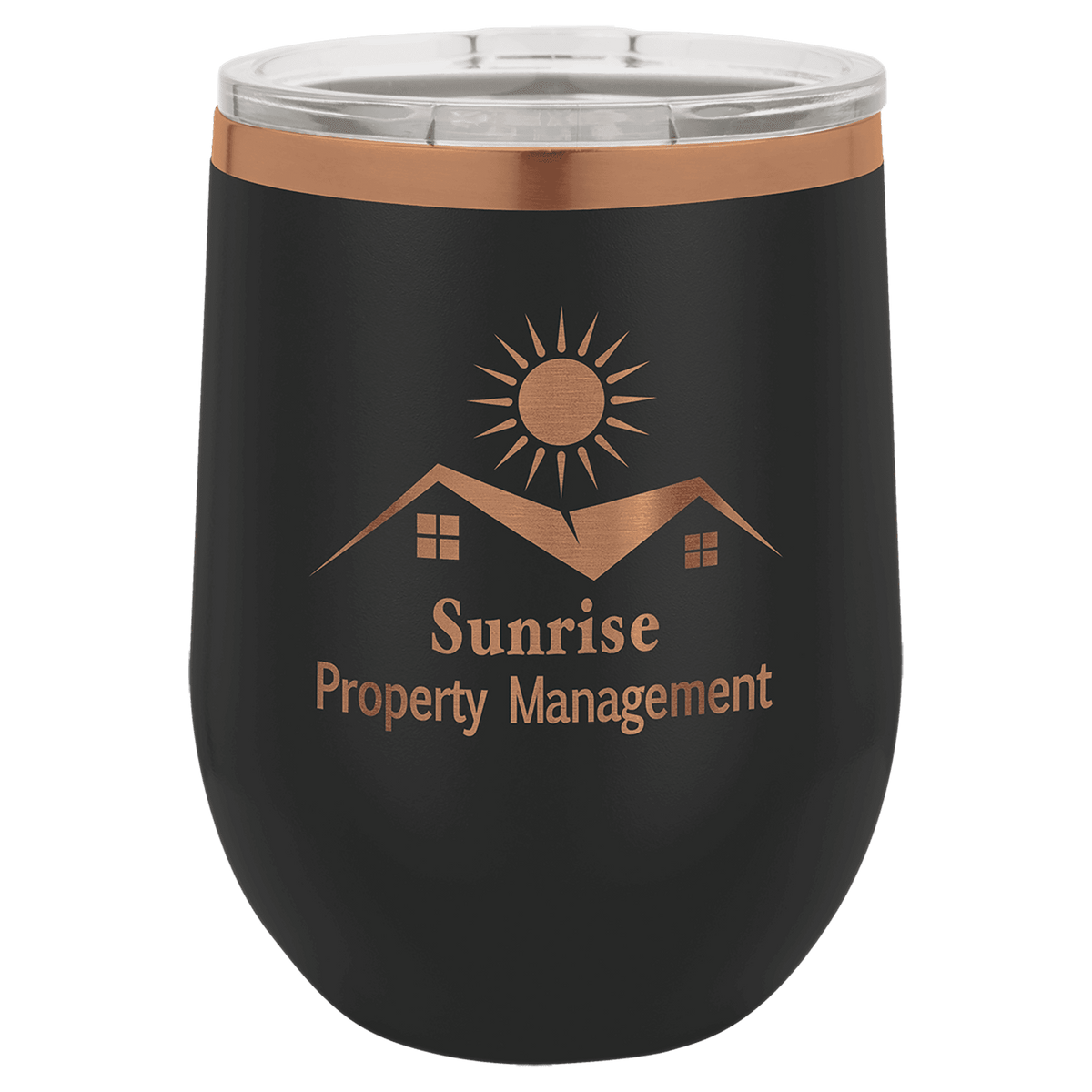 Black and Rose Gold 12 oz Stemless Wine Tumbler with Lid laser engraved with custom logo
