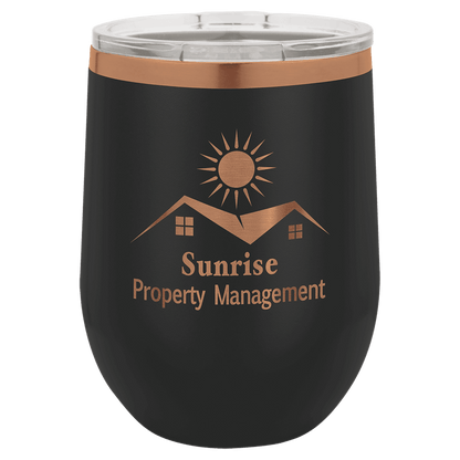 Black and Rose Gold 12 oz Stemless Wine Tumbler with Lid laser engraved with custom logo