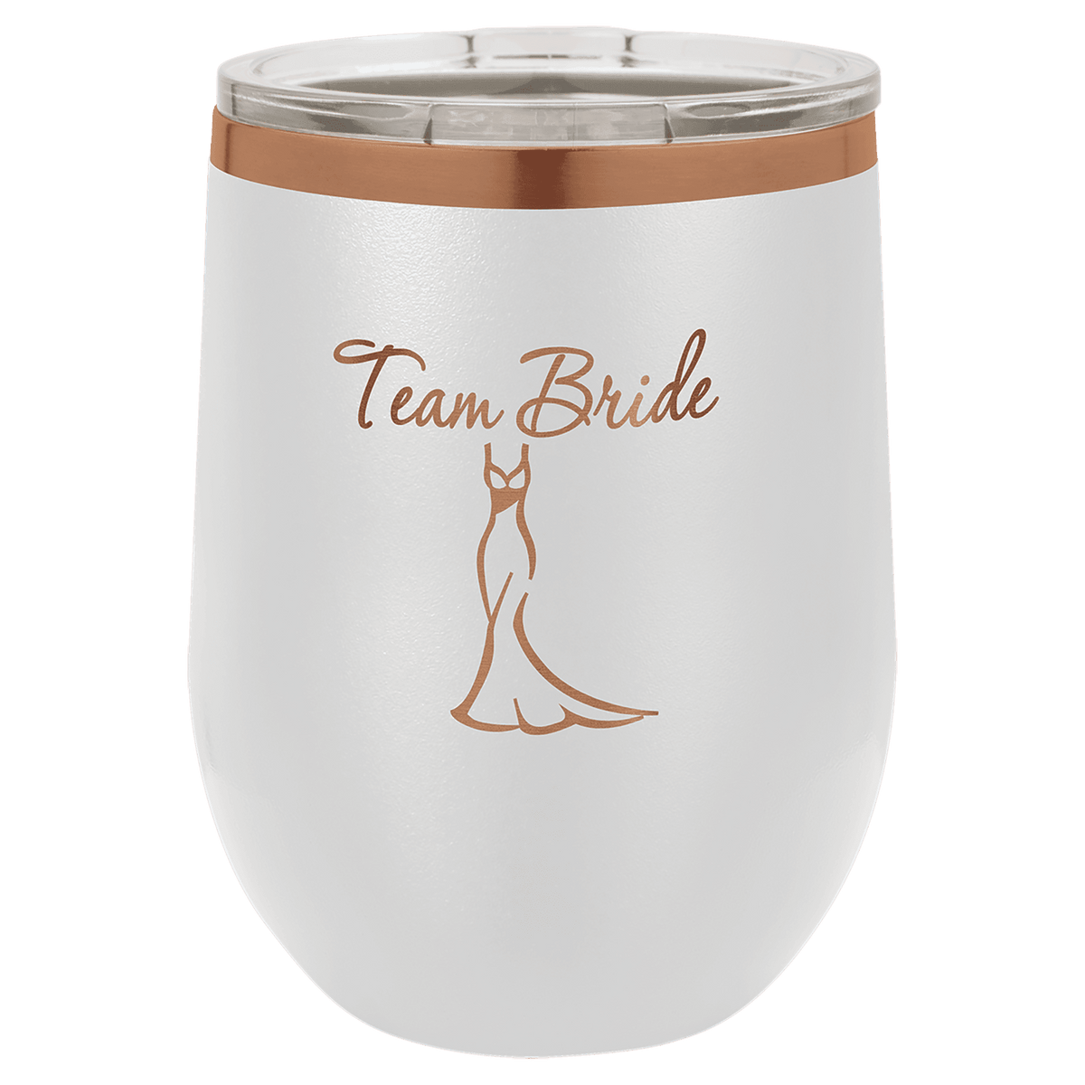 White and Rose Gold 12 oz Stemless Wine Tumbler with Lid laser engraved with custom logo
