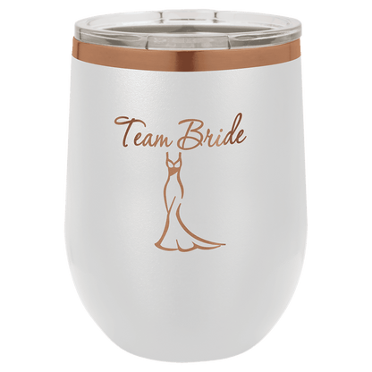White and Rose Gold 12 oz Stemless Wine Tumbler with Lid laser engraved with custom logo