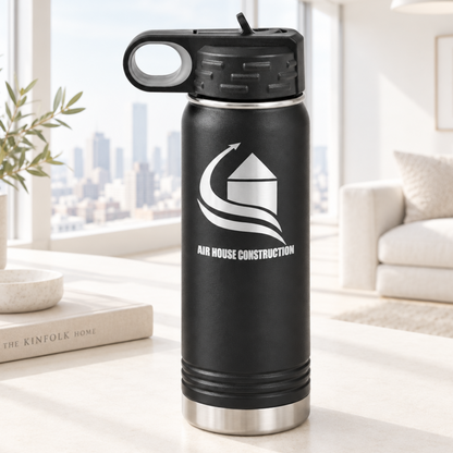 Black 20 oz laser engraved custom logo water bottle with straw lid