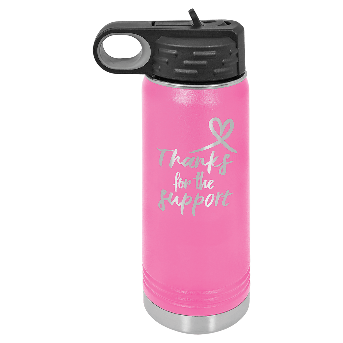 Pink 20 oz laser engraved custom logo water bottle with straw lid