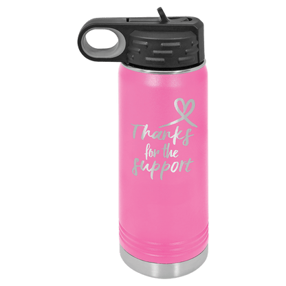 Pink 20 oz laser engraved custom logo water bottle with straw lid