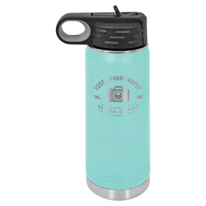 Teal 20 oz laser engraved custom logo water bottle with straw lid