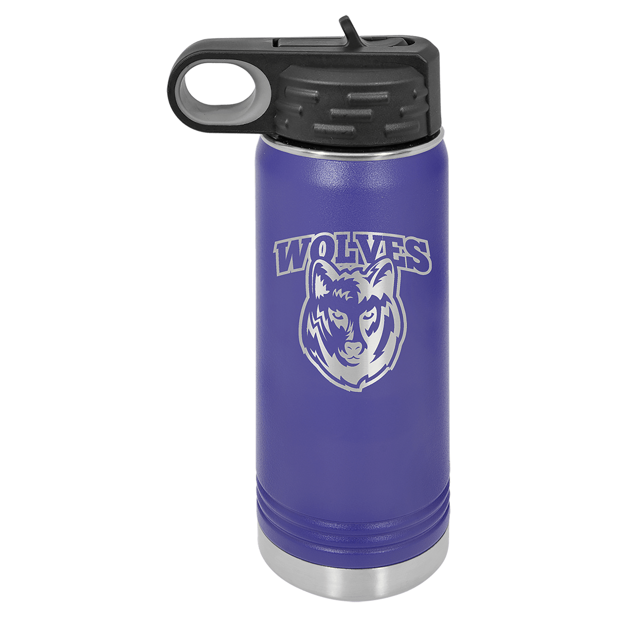 Purple 20 oz laser engraved custom logo water bottle with straw lid