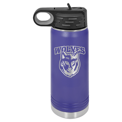 Purple 20 oz laser engraved custom logo water bottle with straw lid