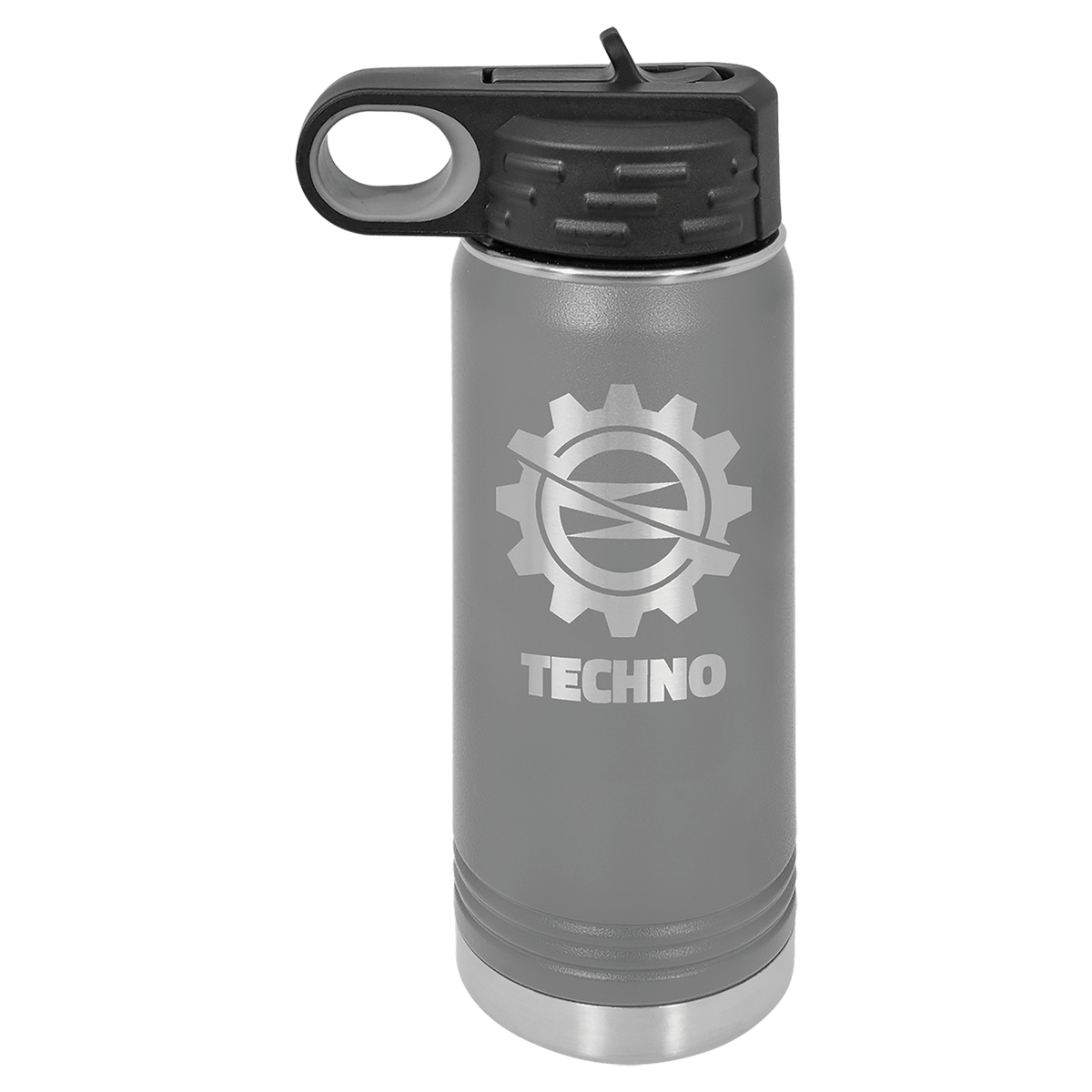 Dark Gray 20 oz laser engraved custom logo water bottle with straw lid