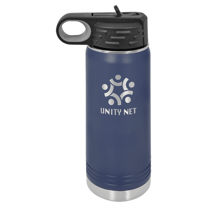 Navy Blue 20 oz laser engraved custom logo water bottle with straw lid