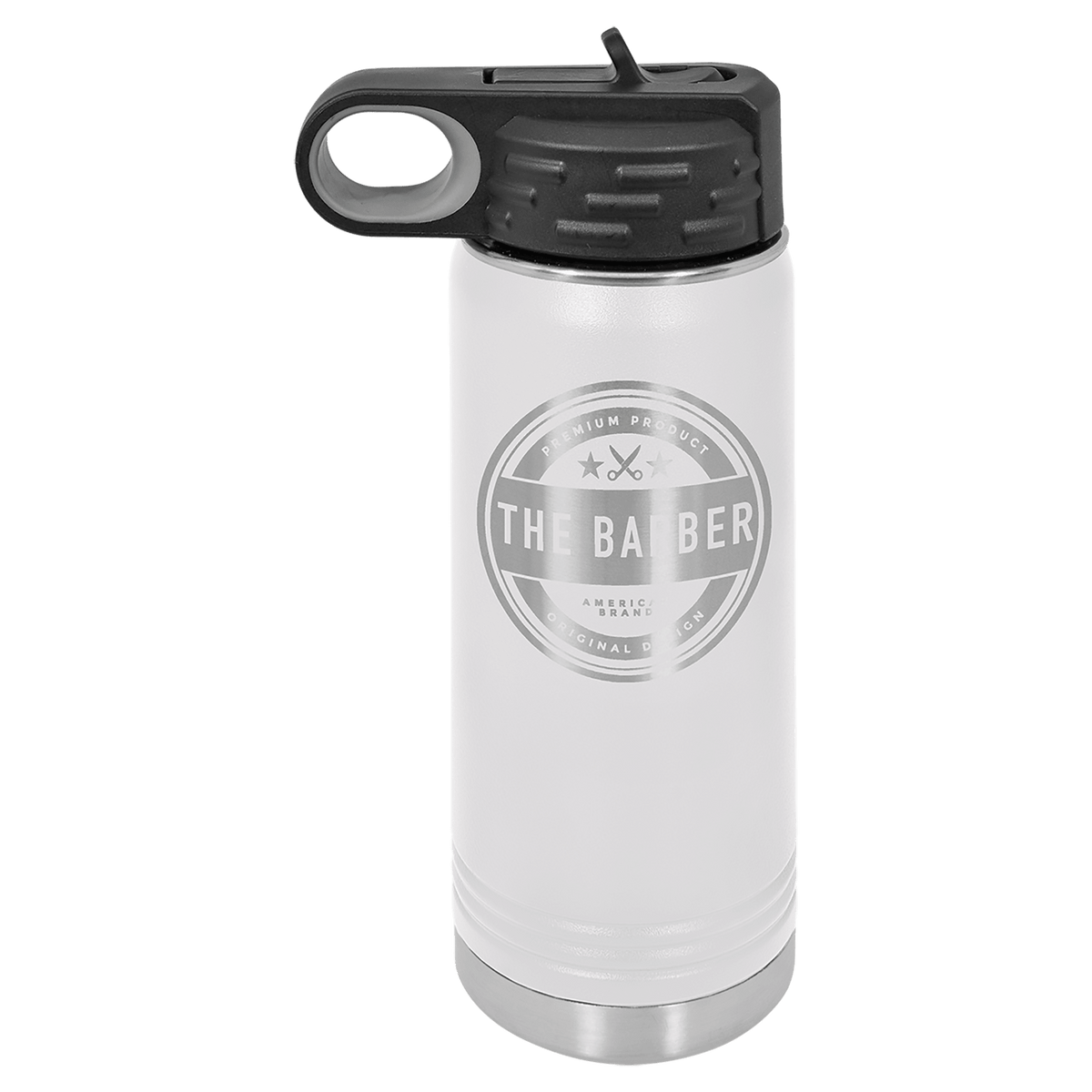 White 20 oz laser engraved custom logo water bottle with straw lid