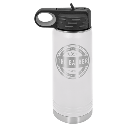 White 20 oz laser engraved custom logo water bottle with straw lid