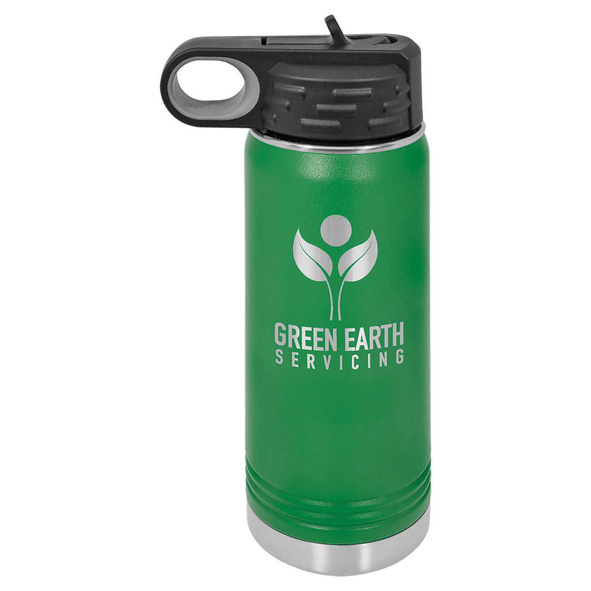 Green 20 oz laser engraved custom logo water bottle with straw lid