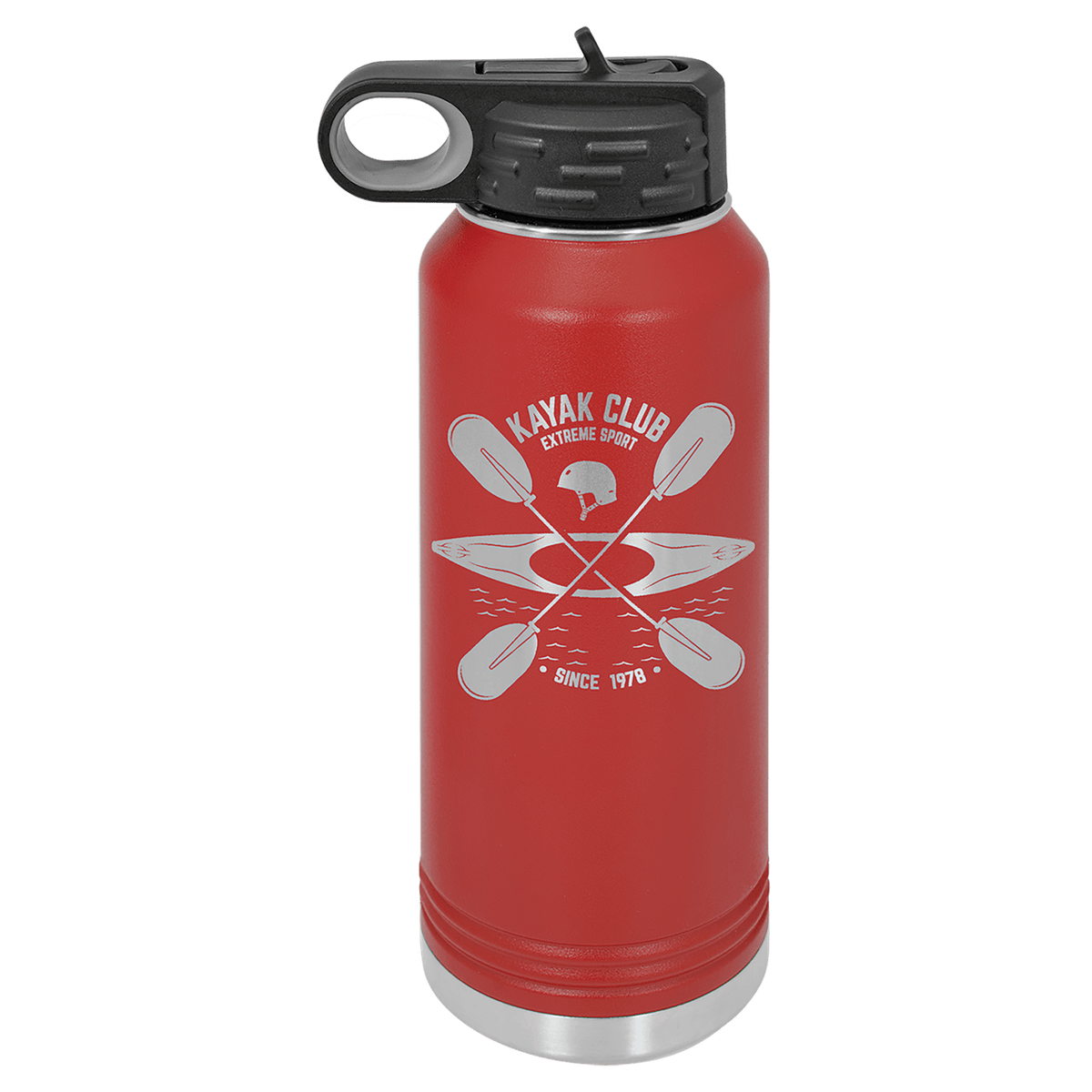 Red 32 oz laser engraved custom logo water bottle with straw lid